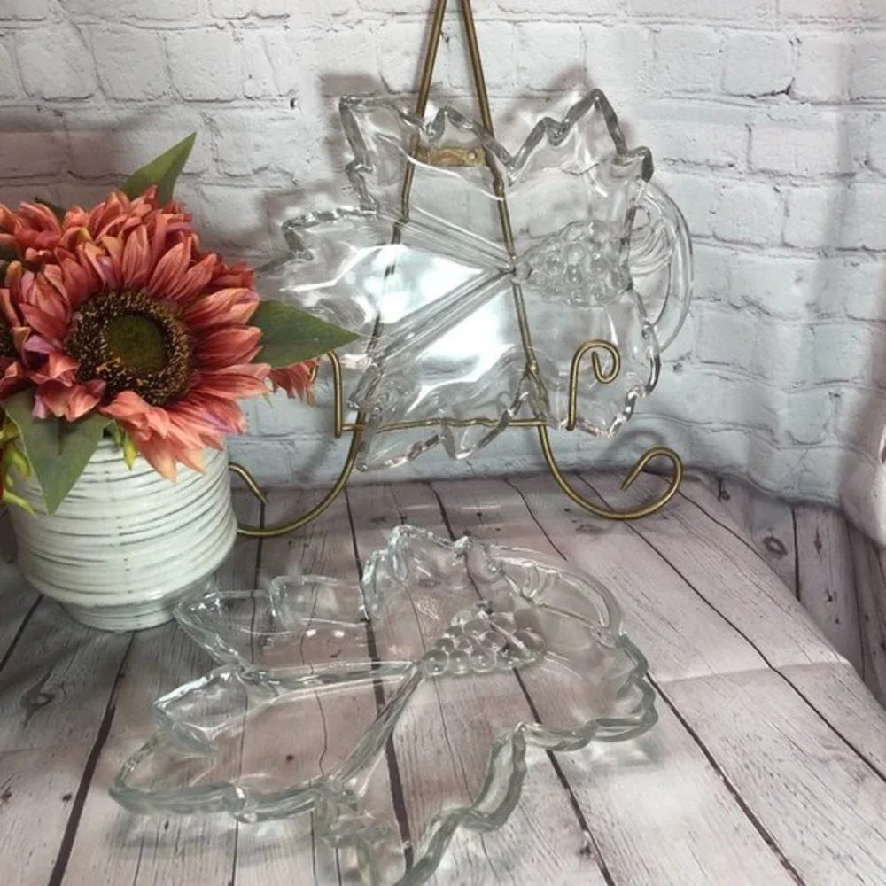 vintage glass grape leaf divided relish tray set of 2